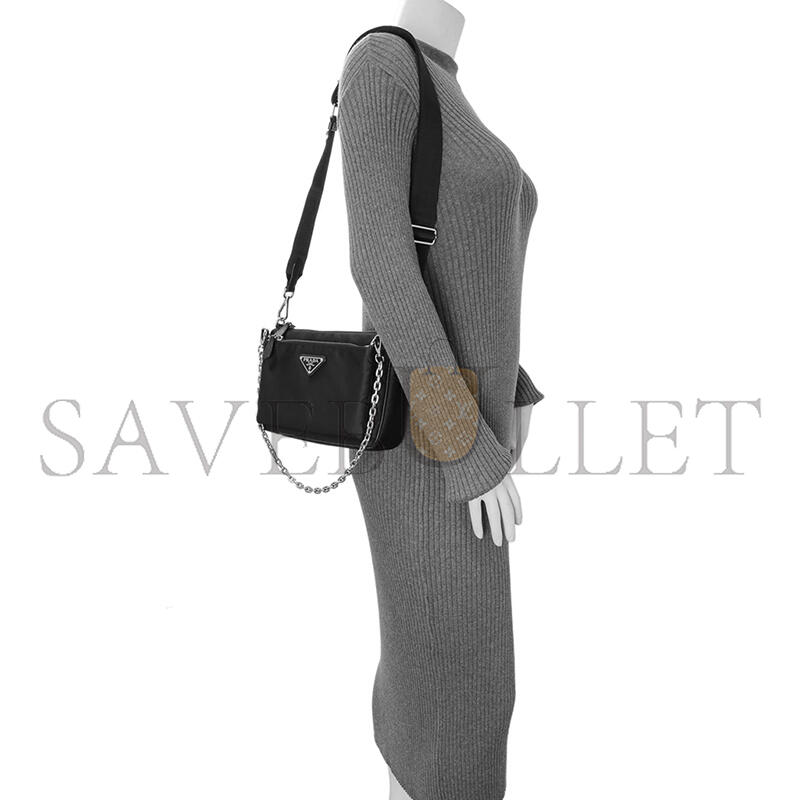 Pra*a black re-nylon saffiano double pouch shoulder bag 1bh168 (22*16*4.5cm)